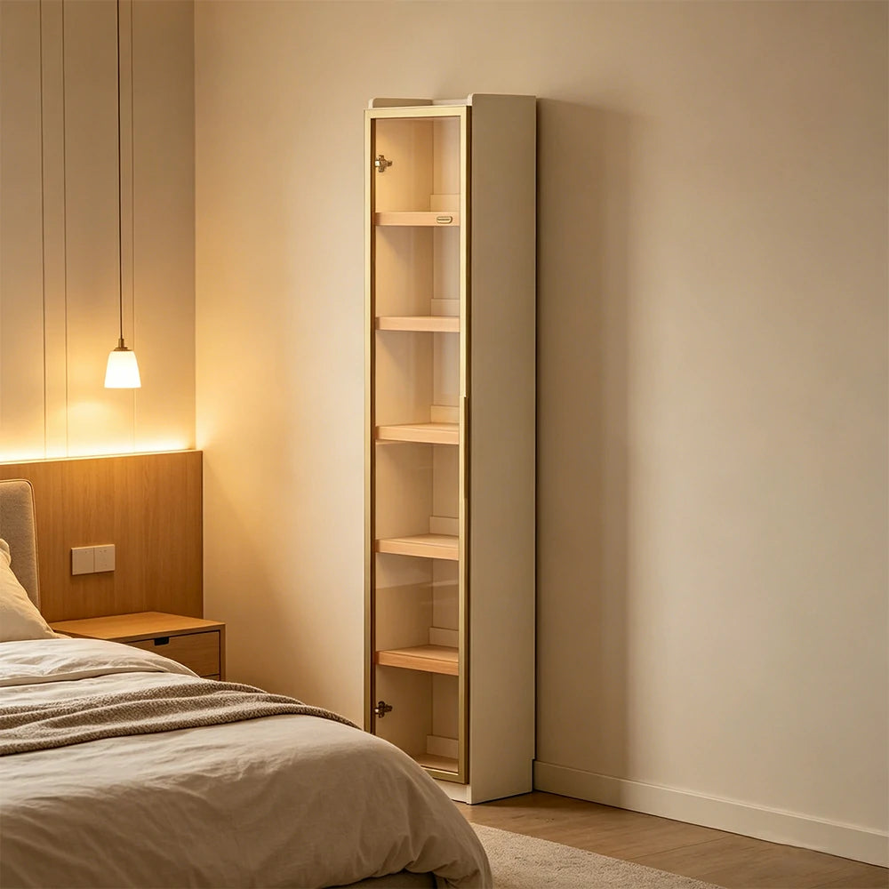 LUXORA 40cm Slim Solid Wood Bookshelf with Open Shelves and Glass Door for Study Bedroom and Small Spaces