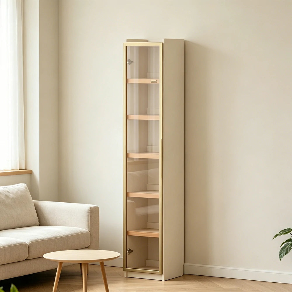 LUXORA 40cm Slim Solid Wood Bookshelf with Open Shelves and Glass Door for Study Bedroom and Small Spaces