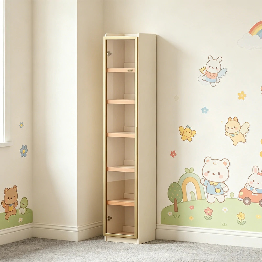 LUXORA 40cm Slim Solid Wood Bookshelf with Open Shelves and Glass Door for Study Bedroom and Small Spaces