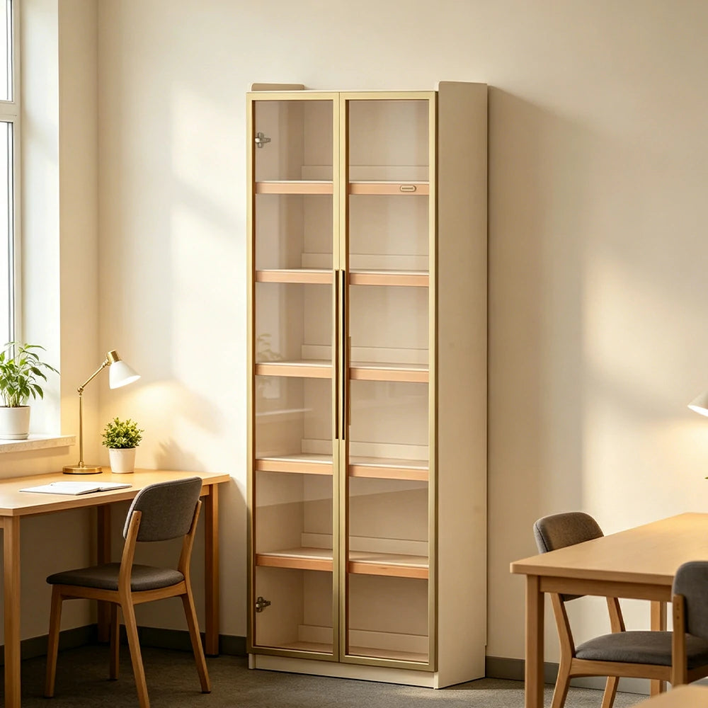 LUXORA 80cm Slim Solid Wood Bookshelf with Open Shelves and Glass Door for Study Bedroom and Small Spaces