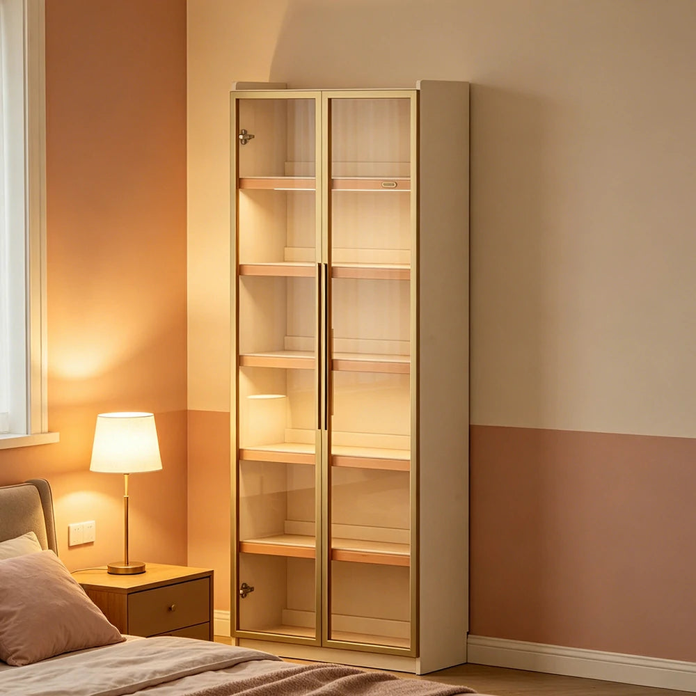 LUXORA 80cm Slim Solid Wood Bookshelf with Open Shelves and Glass Door for Study Bedroom and Small Spaces