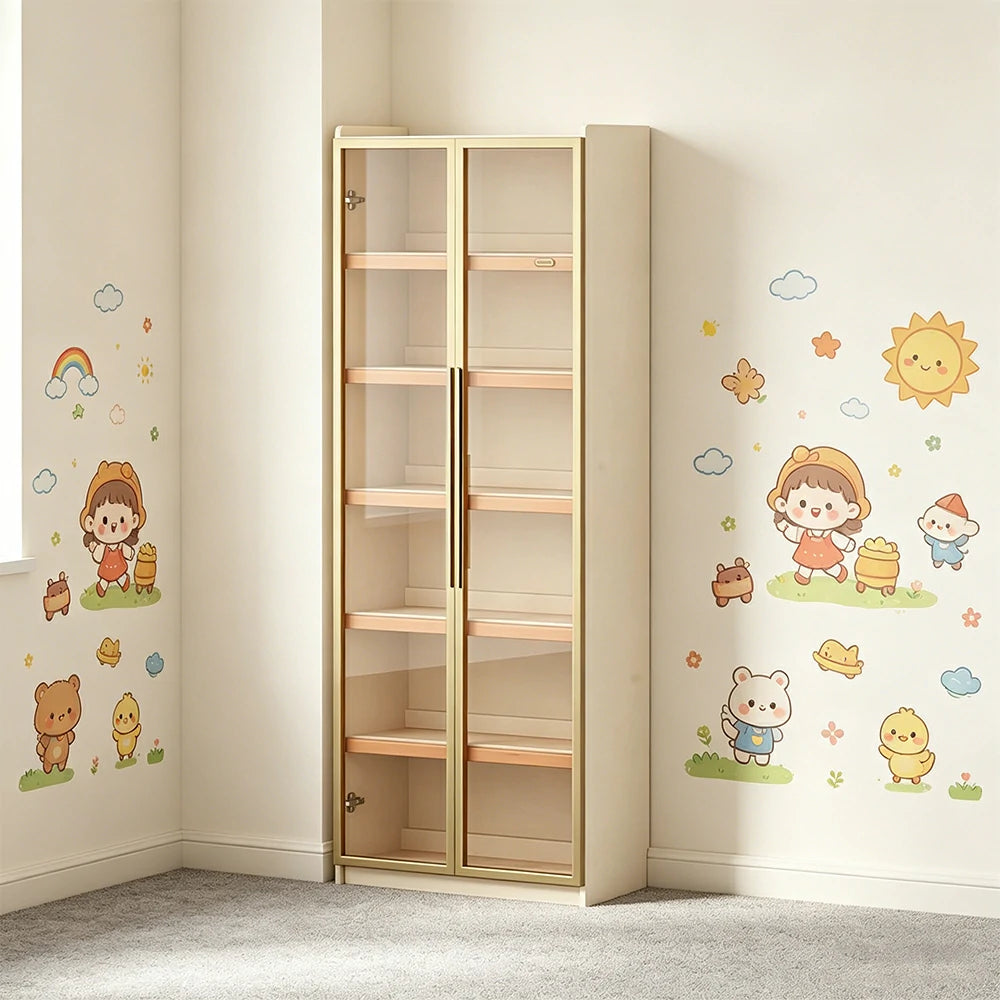 LUXORA 80cm Slim Solid Wood Bookshelf with Open Shelves and Glass Door for Study Bedroom and Small Spaces