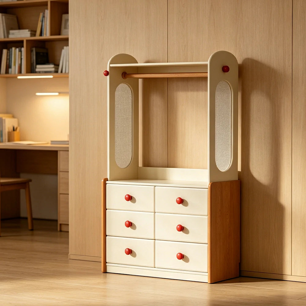 LUXORA Kids Storage Chest with Large Drawers and Coat Rack 6-Drawer Cabinet for Kids Room and Nursery