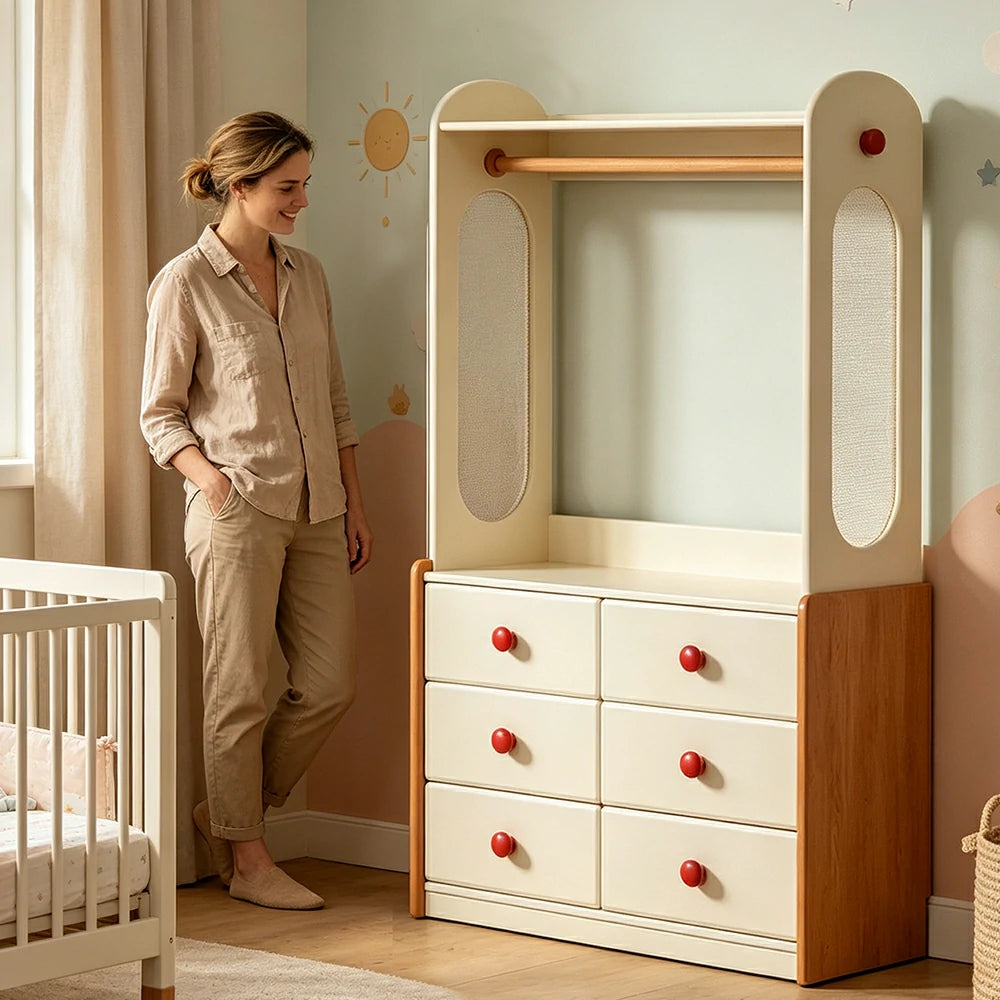 LUXORA Kids Storage Chest with Large Drawers and Coat Rack 6-Drawer Cabinet for Kids Room and Nursery