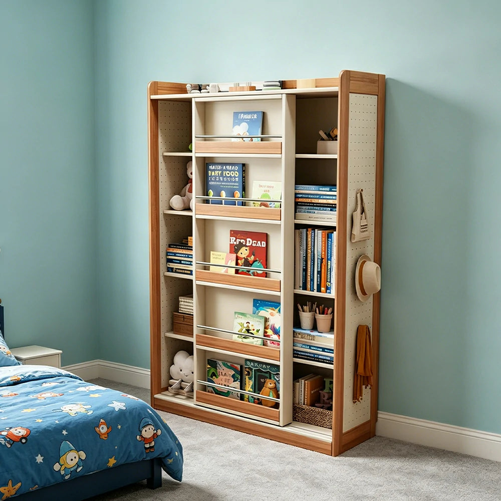 LUXORA Kids Sliding Door Bookcase Solid Wood Frame Rounded Anti-Tip 5-Tier Storage for Kids Room Reading Corner