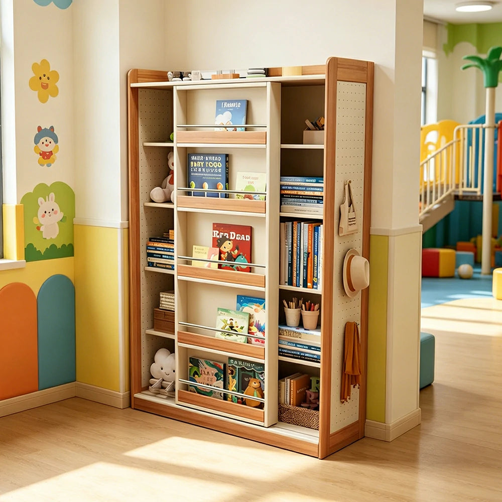 LUXORA Kids Sliding Door Bookcase Solid Wood Frame Rounded Anti-Tip 5-Tier Storage for Kids Room Reading Corner