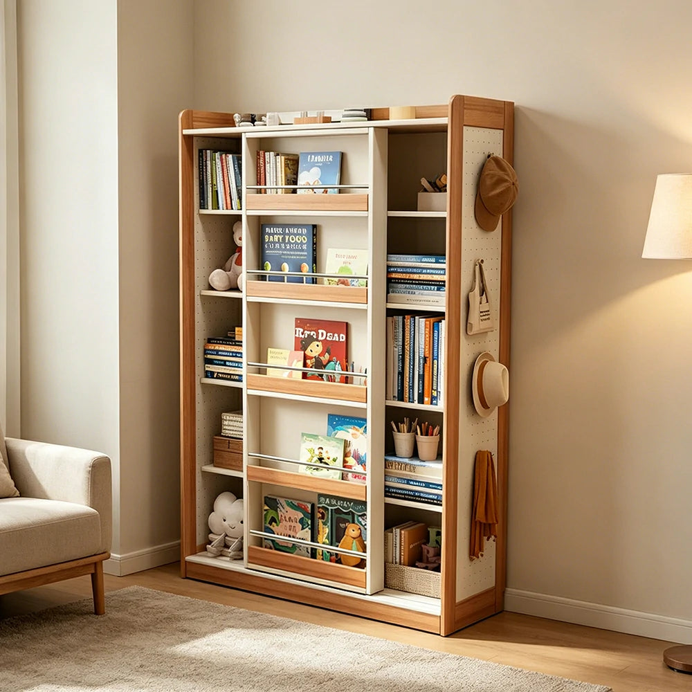 LUXORA Kids Sliding Door Bookcase Solid Wood Frame Rounded Anti-Tip 5-Tier Storage for Kids Room Reading Corner