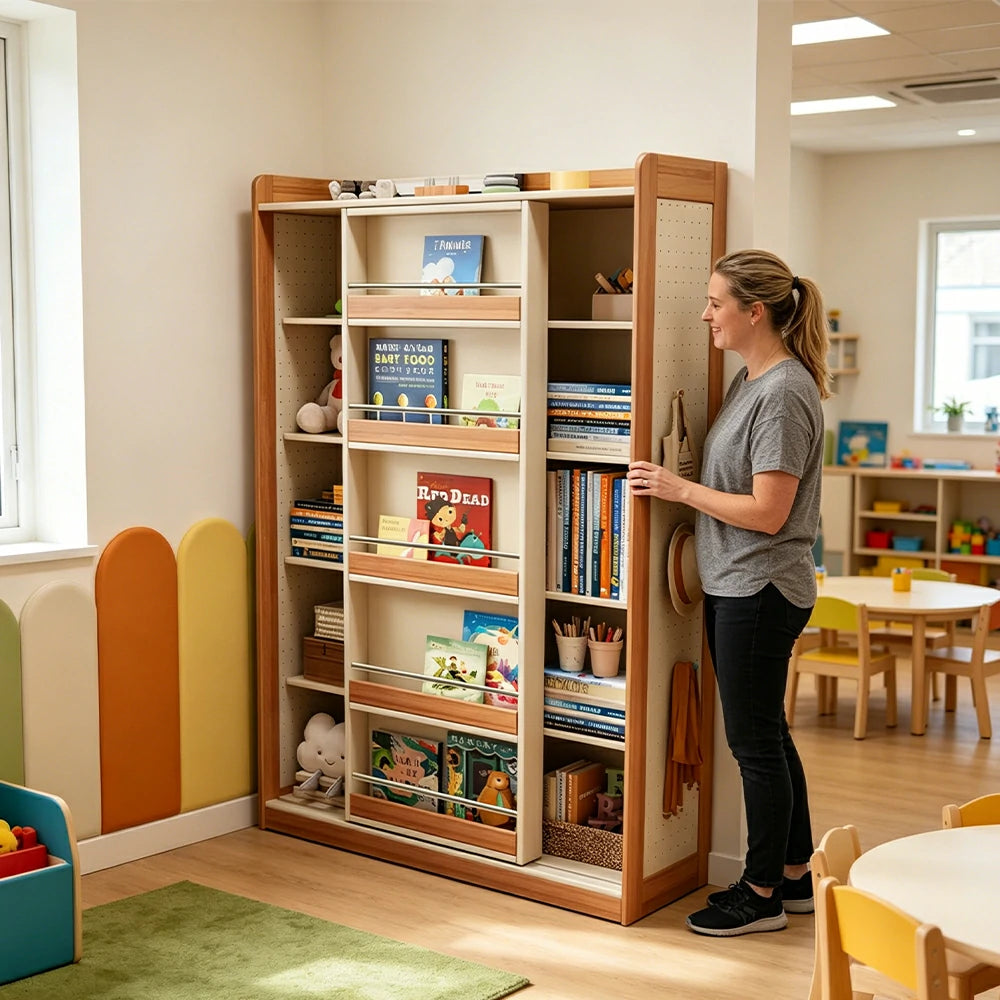LUXORA Kids Sliding Door Bookcase Solid Wood Frame Rounded Anti-Tip 5-Tier Storage for Kids Room Reading Corner
