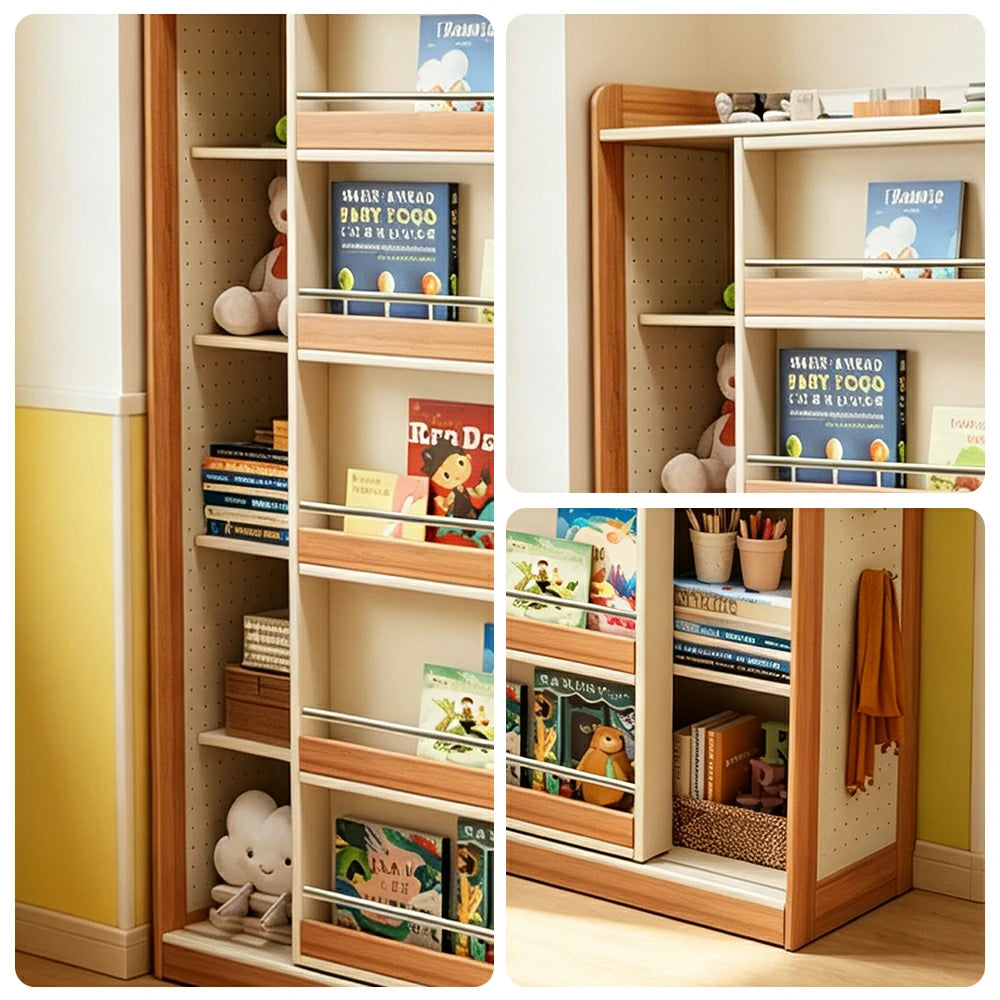 LUXORA Kids Sliding Door Bookcase Solid Wood Frame Rounded Anti-Tip 5-Tier Storage for Kids Room Reading Corner