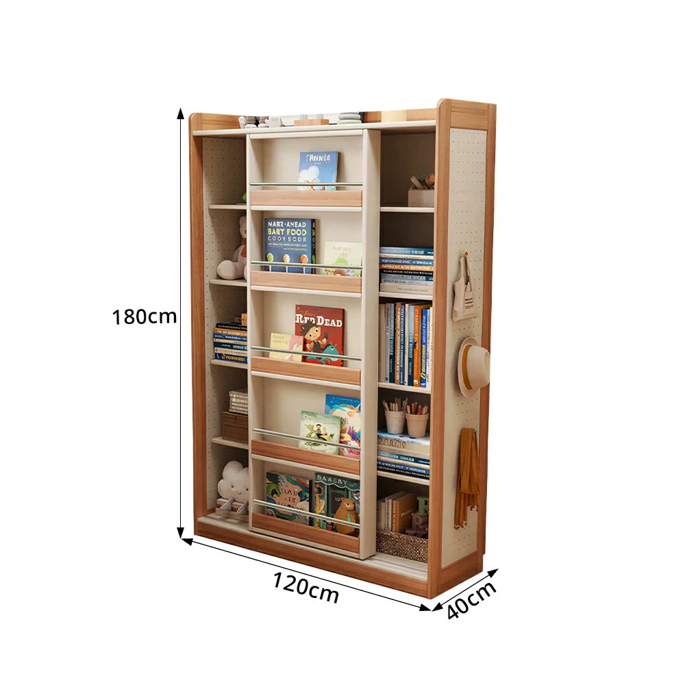 LUXORA Kids Sliding Door Bookcase Solid Wood Frame Rounded Anti-Tip 5-Tier Storage for Kids Room Reading Corner