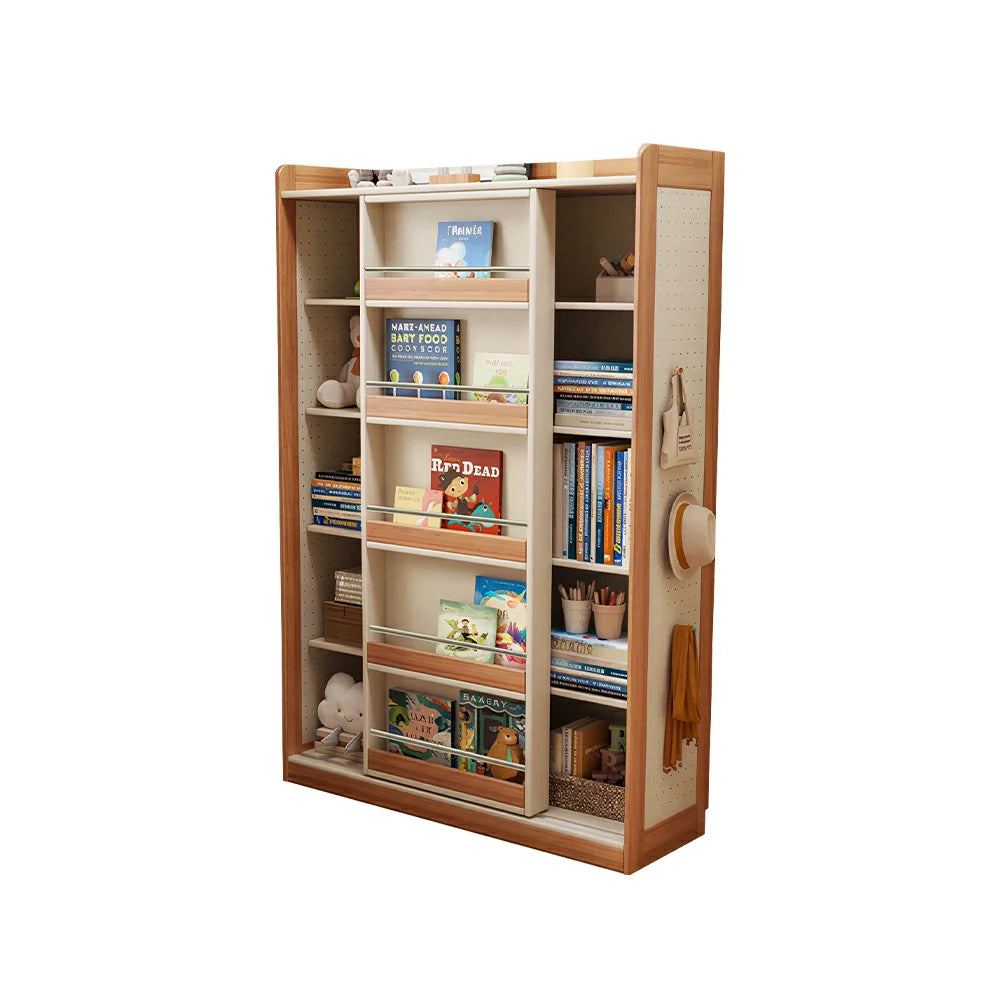 LUXORA Kids Sliding Door Bookcase Solid Wood Frame Rounded Anti-Tip 5-Tier Storage for Kids Room Reading Corner