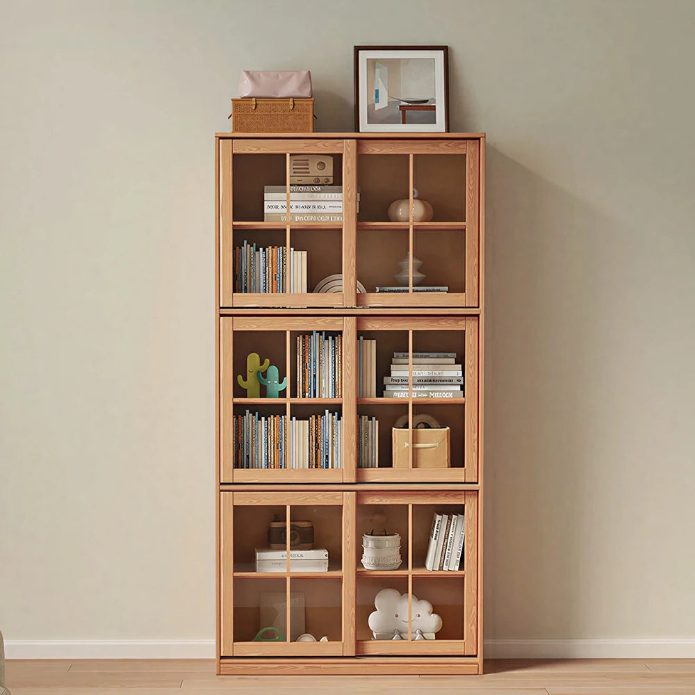 LUXORA Solid Wood Glass Door Storage Cabinet Adjustable Shelves Anti-Tip Reinforced Structure Three Tier for Living Room Dining Room Study - Wood