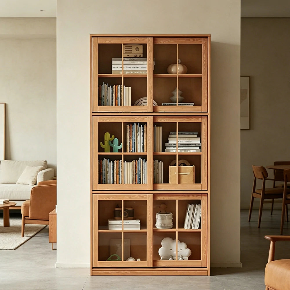 LUXORA Solid Wood Glass Door Storage Cabinet Adjustable Shelves Anti-Tip Reinforced Structure Three Tier for Living Room Dining Room Study - Wood