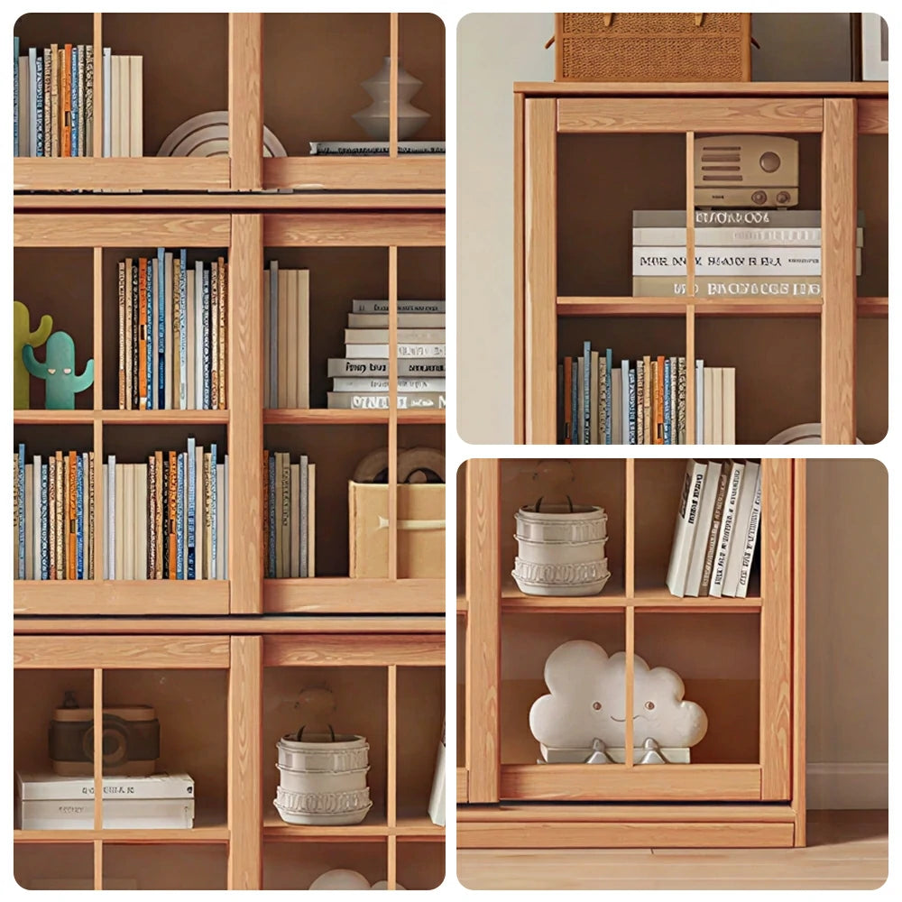 LUXORA Solid Wood Glass Door Storage Cabinet Adjustable Shelves Anti-Tip Reinforced Structure Three Tier for Living Room Dining Room Study - Wood