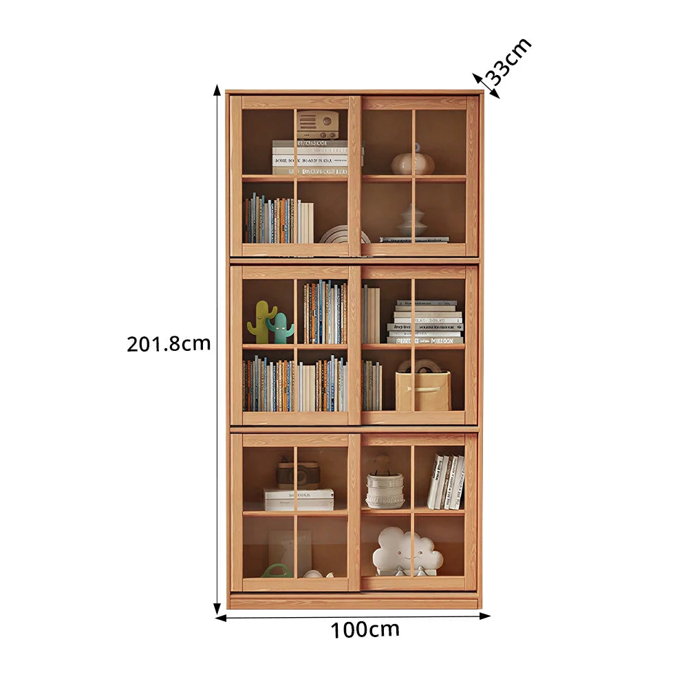 LUXORA Solid Wood Glass Door Storage Cabinet Adjustable Shelves Anti-Tip Reinforced Structure Three Tier for Living Room Dining Room Study - Wood