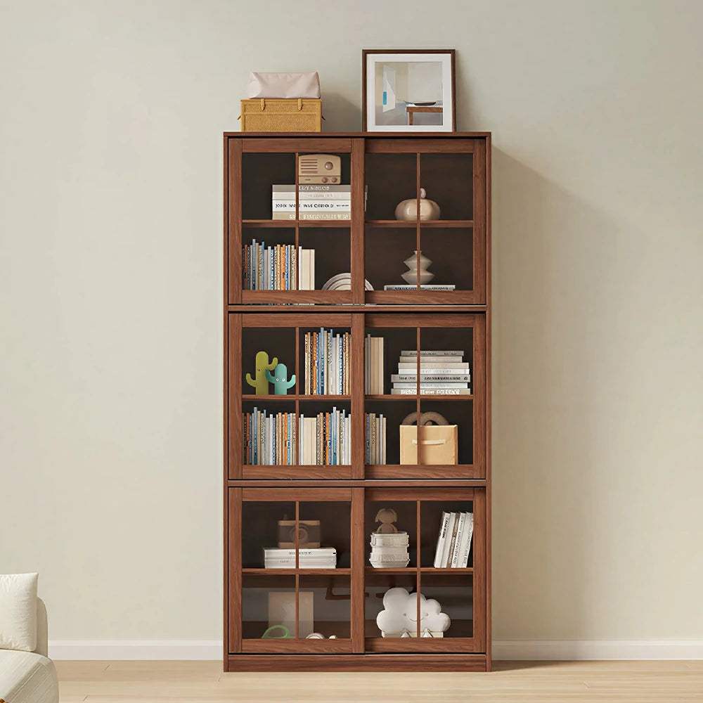 LUXORA Solid Wood Glass Door Storage Cabinet Adjustable Shelves Anti-Tip Reinforced Structure Three Tier for Living Room Dining Room Study - Walnut