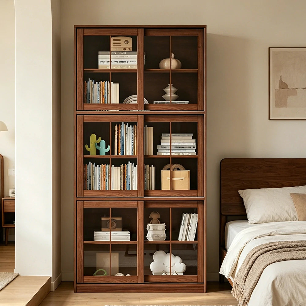 LUXORA Solid Wood Glass Door Storage Cabinet Adjustable Shelves Anti-Tip Reinforced Structure Three Tier for Living Room Dining Room Study - Walnut