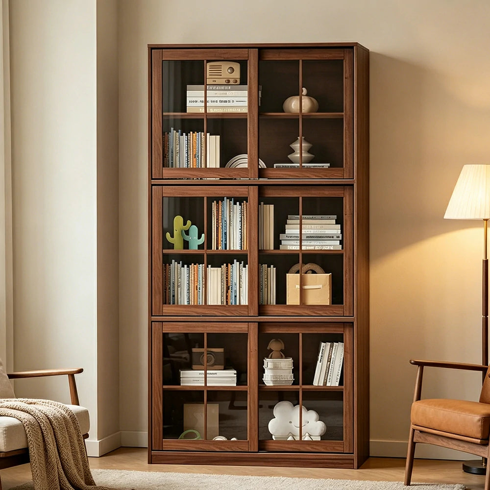 LUXORA Solid Wood Glass Door Storage Cabinet Adjustable Shelves Anti-Tip Reinforced Structure Three Tier for Living Room Dining Room Study - Walnut