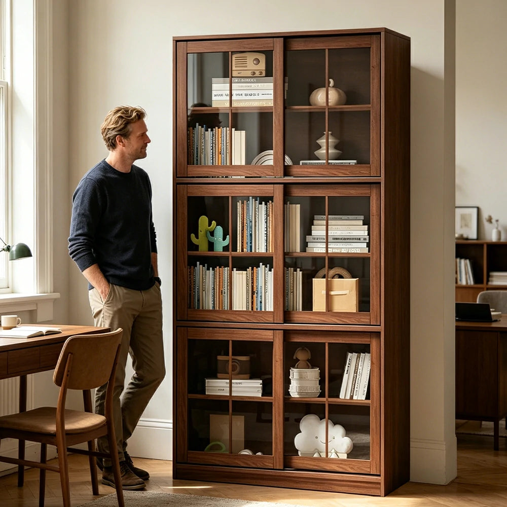 LUXORA Solid Wood Glass Door Storage Cabinet Adjustable Shelves Anti-Tip Reinforced Structure Three Tier for Living Room Dining Room Study - Walnut