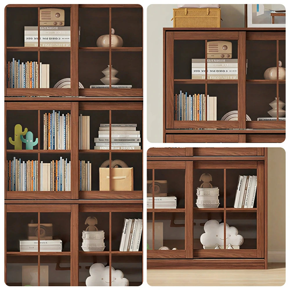 LUXORA Solid Wood Glass Door Storage Cabinet Adjustable Shelves Anti-Tip Reinforced Structure Three Tier for Living Room Dining Room Study - Walnut