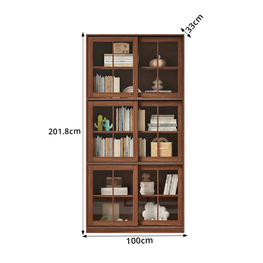 LUXORA Solid Wood Glass Door Storage Cabinet Adjustable Shelves Anti-Tip Reinforced Structure Three Tier for Living Room Dining Room Study - Walnut