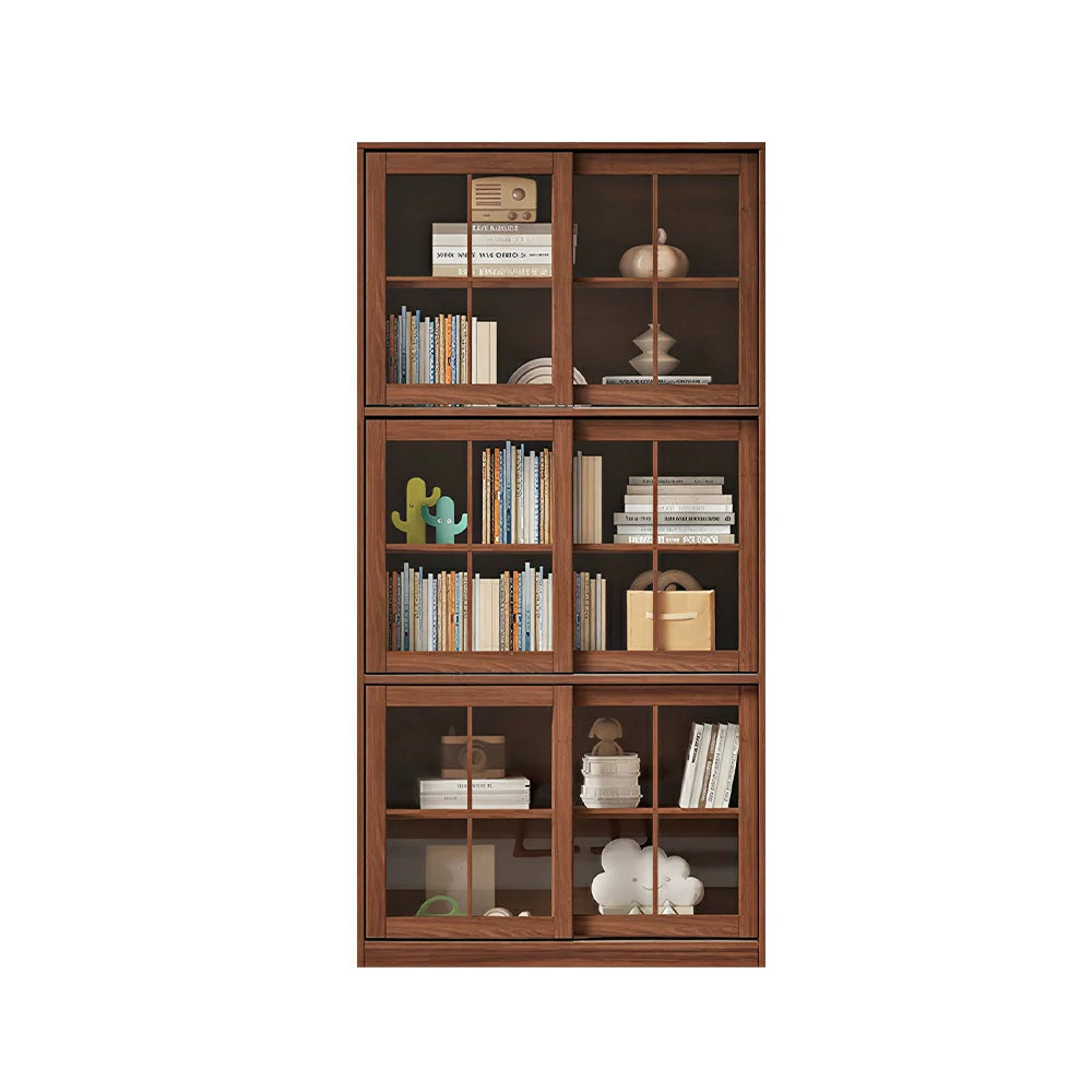 LUXORA Solid Wood Glass Door Storage Cabinet Adjustable Shelves Anti-Tip Reinforced Structure Three Tier for Living Room Dining Room Study - Walnut