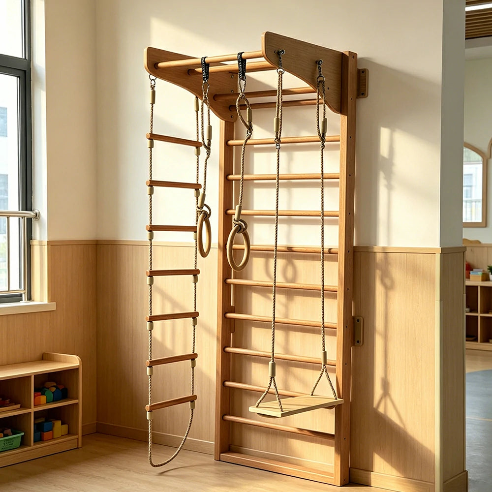 LUXORA Kids Indoor Climbing Frame with Swedish Ladder Rings Swing and Rope Ladder - Natural