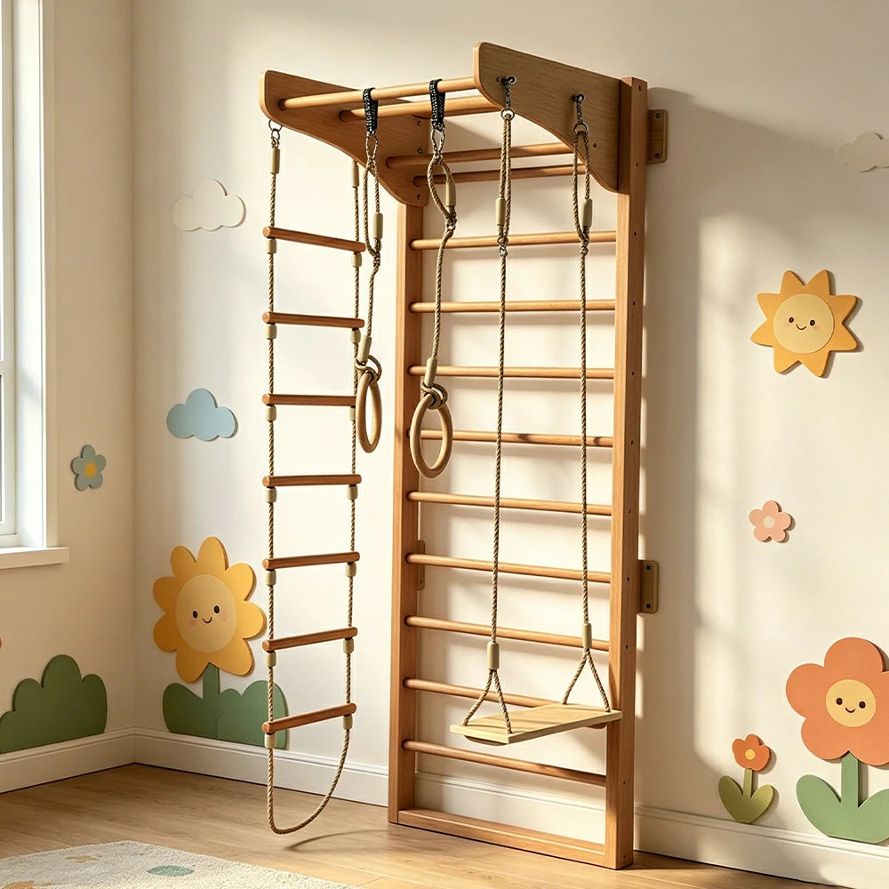 LUXORA Kids Indoor Climbing Frame with Swedish Ladder Rings Swing and Rope Ladder - Natural