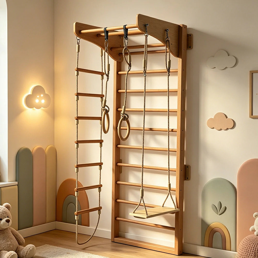 LUXORA Kids Indoor Climbing Frame with Swedish Ladder Rings Swing and Rope Ladder - Natural