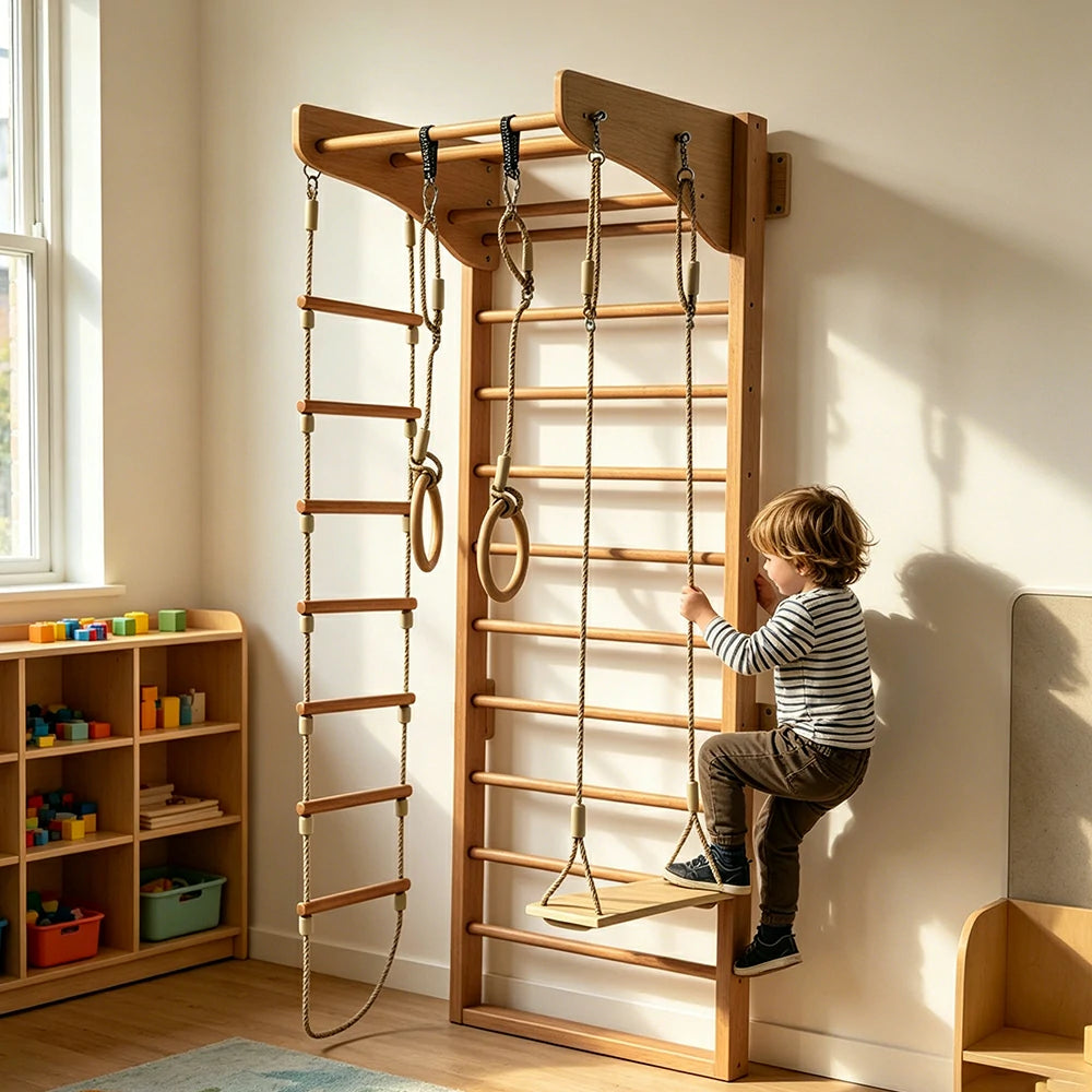 LUXORA Kids Indoor Climbing Frame with Swedish Ladder Rings Swing and Rope Ladder - Natural