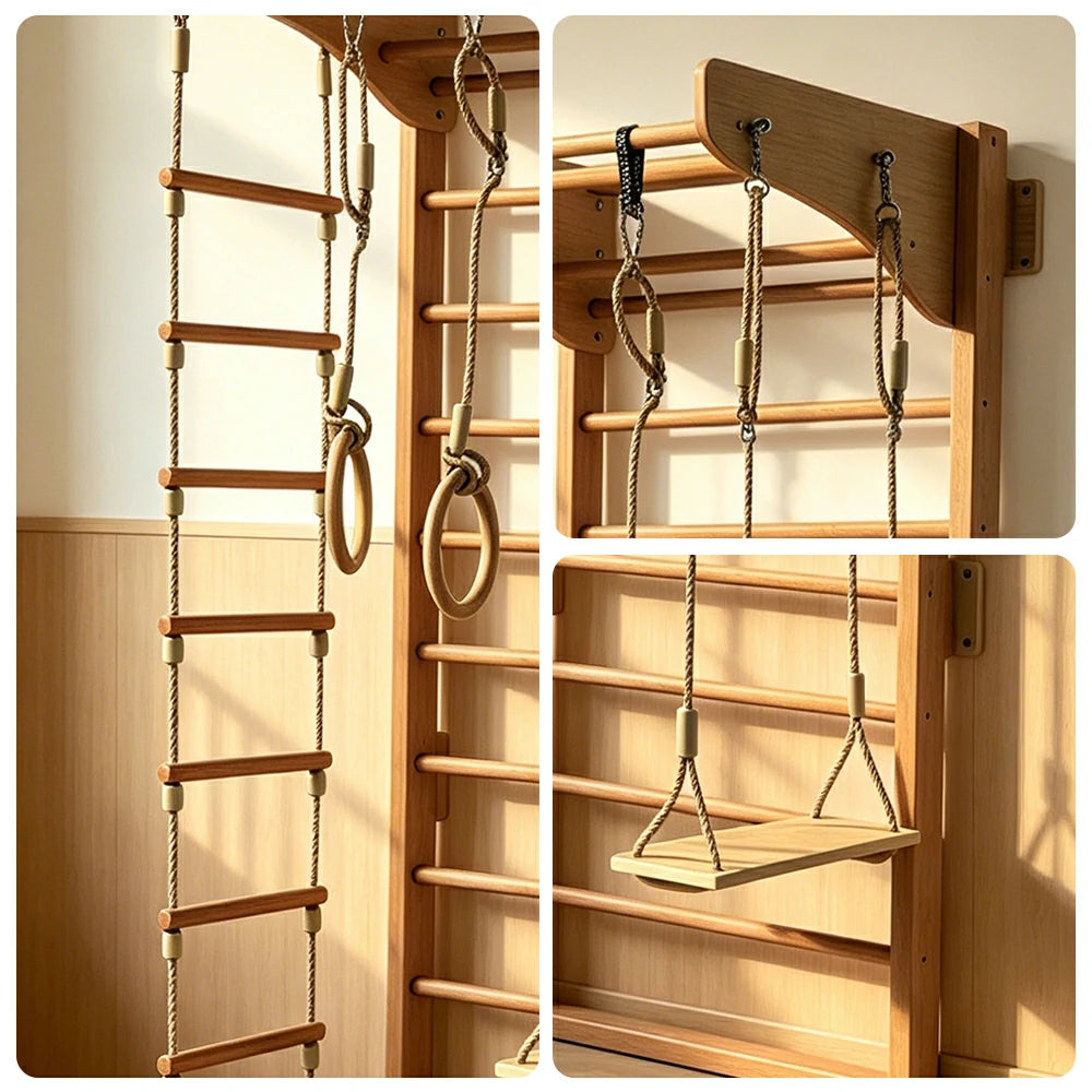 LUXORA Kids Indoor Climbing Frame with Swedish Ladder Rings Swing and Rope Ladder - Natural