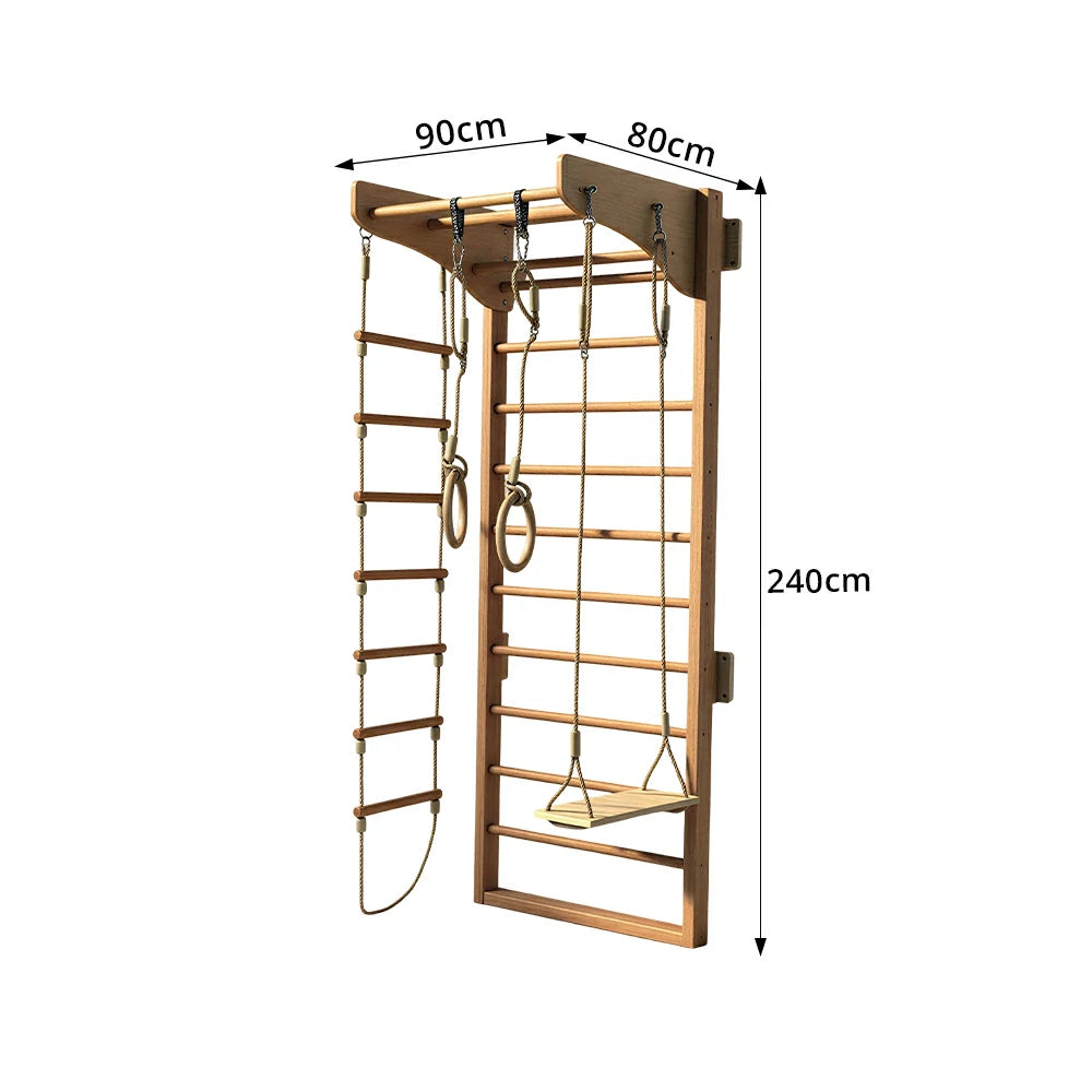 LUXORA Kids Indoor Climbing Frame with Swedish Ladder Rings Swing and Rope Ladder - Natural