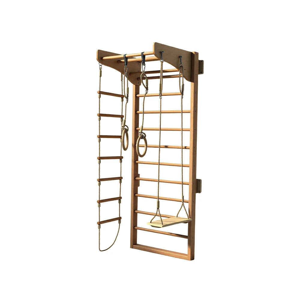 LUXORA Kids Indoor Climbing Frame with Swedish Ladder Rings Swing and Rope Ladder - Natural