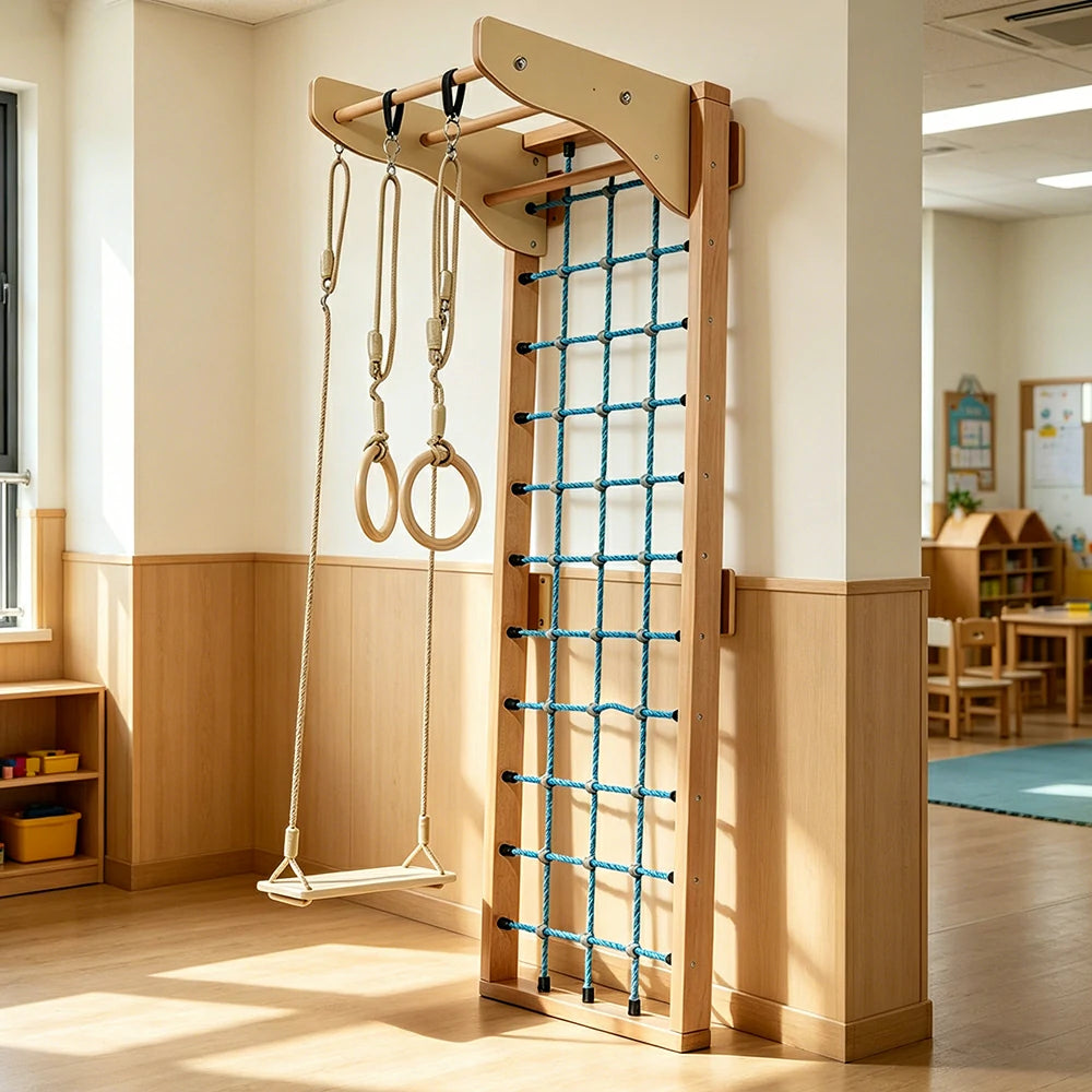 LUXORA Imported Beech Wood Kids Climbing Frame with Net Rings and Swing for Playroom - Natura