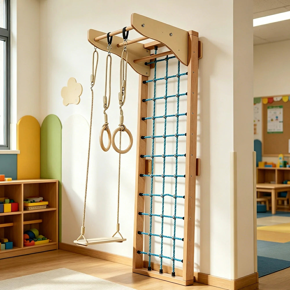 LUXORA Imported Beech Wood Kids Climbing Frame with Net Rings and Swing for Playroom - Natura