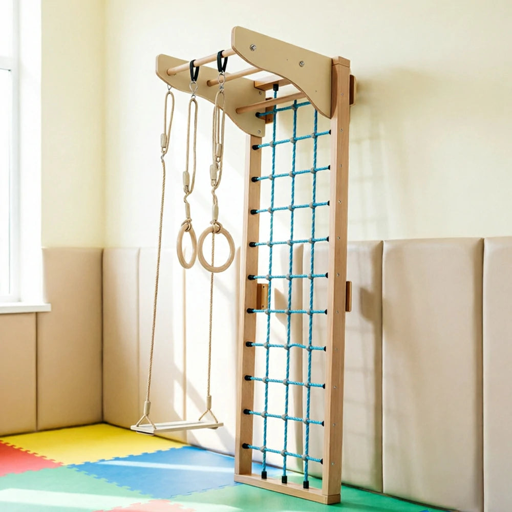 LUXORA Imported Beech Wood Kids Climbing Frame with Net Rings and Swing for Playroom - Natura