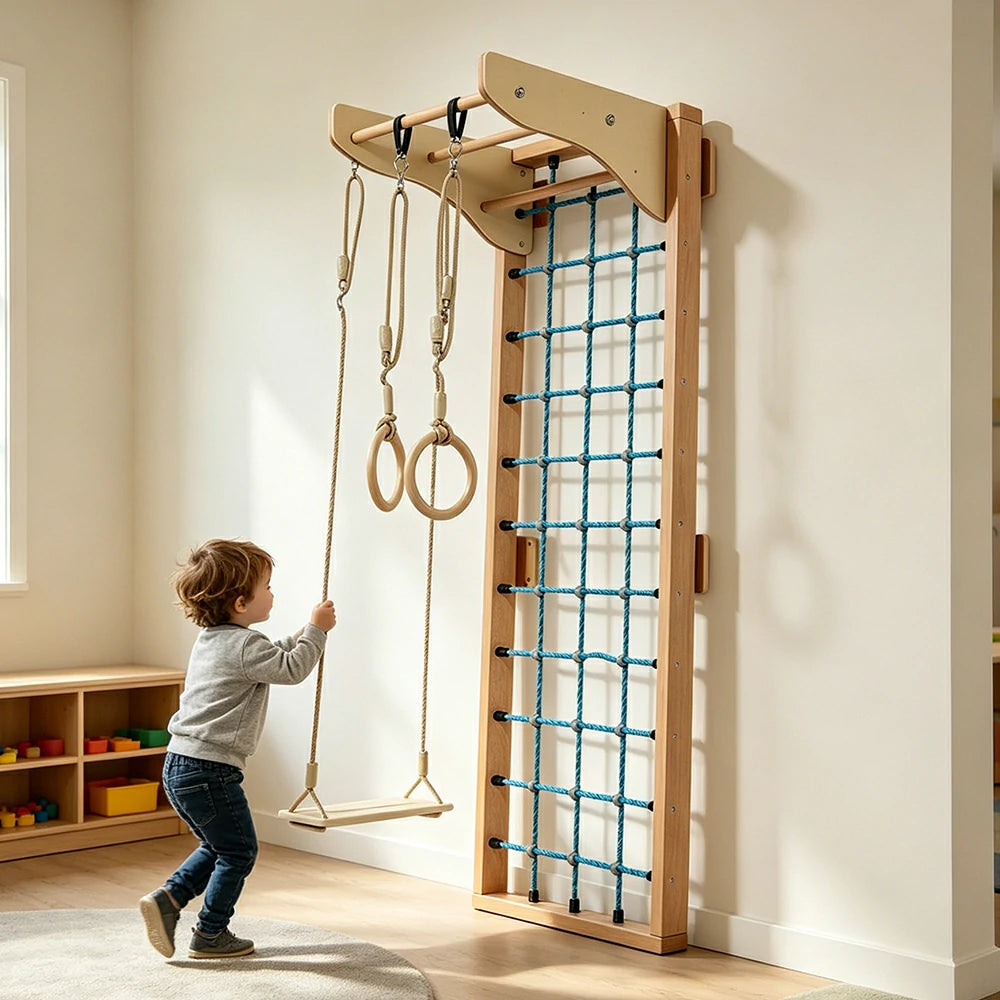 LUXORA Imported Beech Wood Kids Climbing Frame with Net Rings and Swing for Playroom - Natura