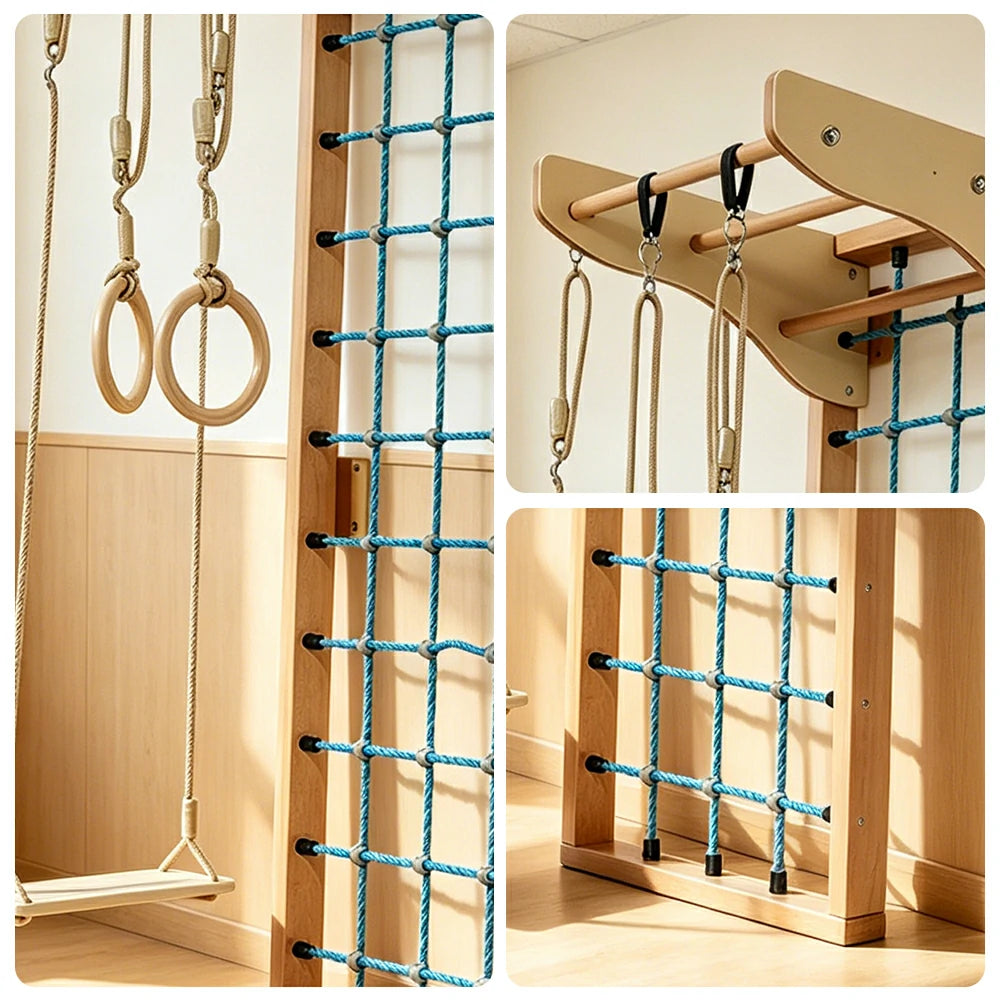 LUXORA Imported Beech Wood Kids Climbing Frame with Net Rings and Swing for Playroom - Natura