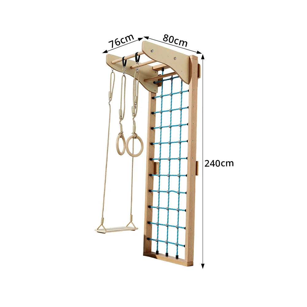 LUXORA Imported Beech Wood Kids Climbing Frame with Net Rings and Swing for Playroom - Natura