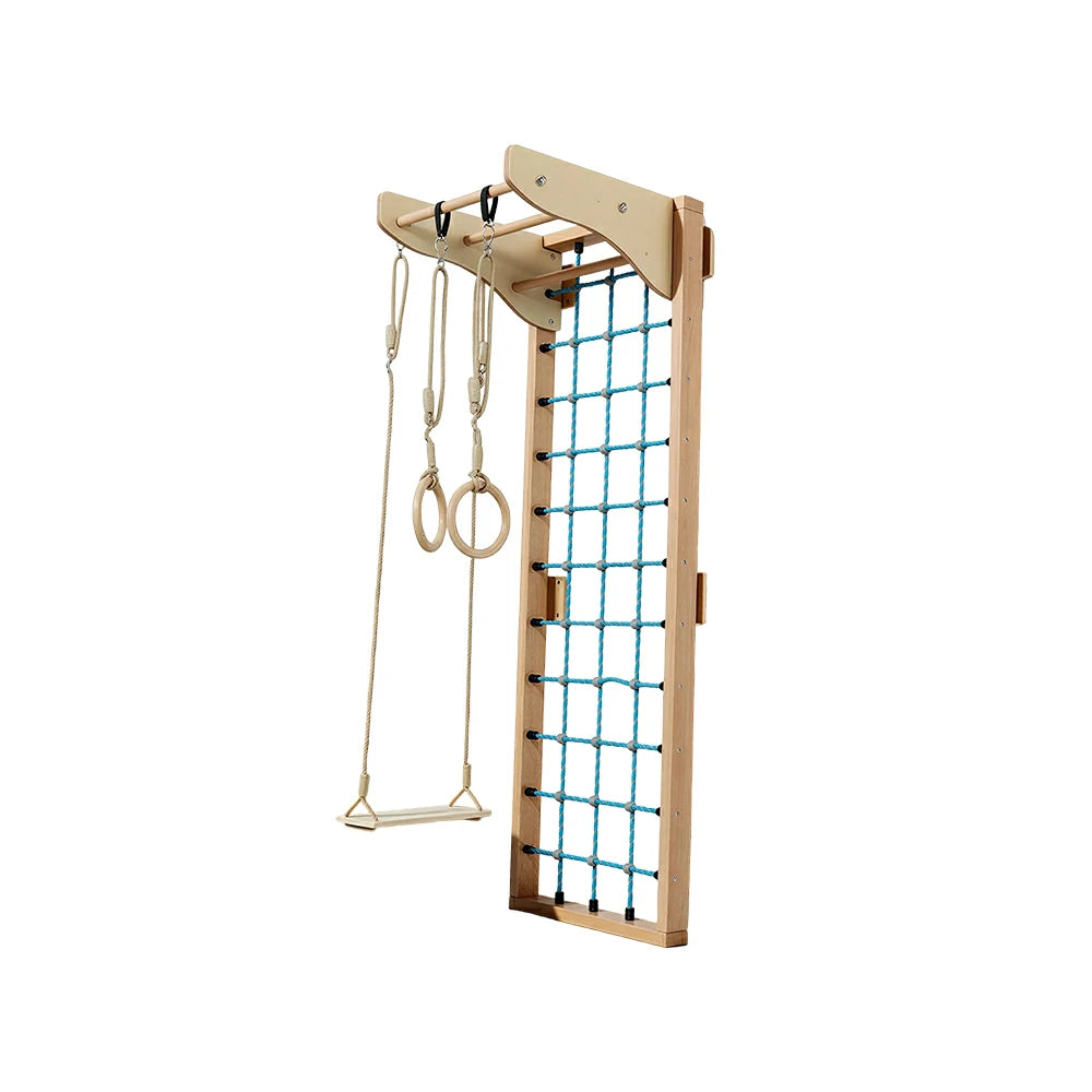LUXORA Imported Beech Wood Kids Climbing Frame with Net Rings and Swing for Playroom - Natura