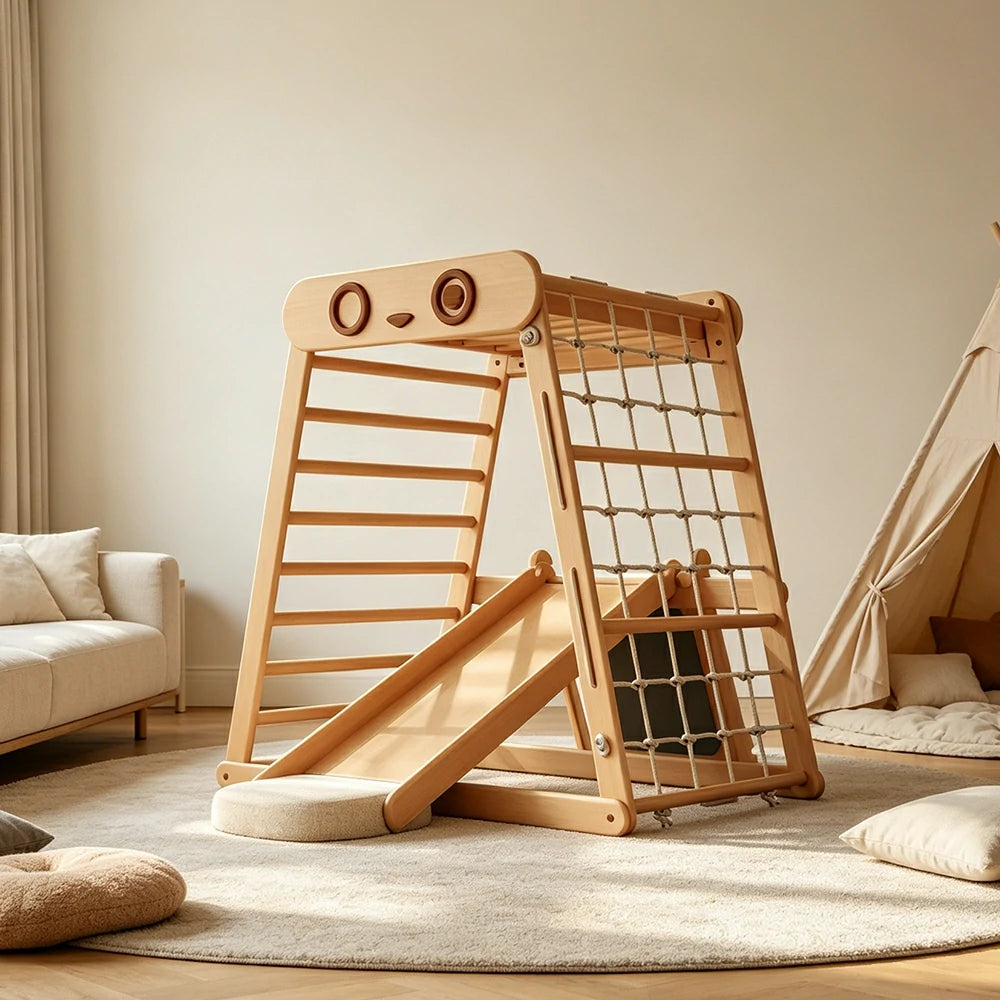 LUXORA Totoro Kids Climbing Frame with Rock Slide Swing Drawing Board and Cushion - Natural