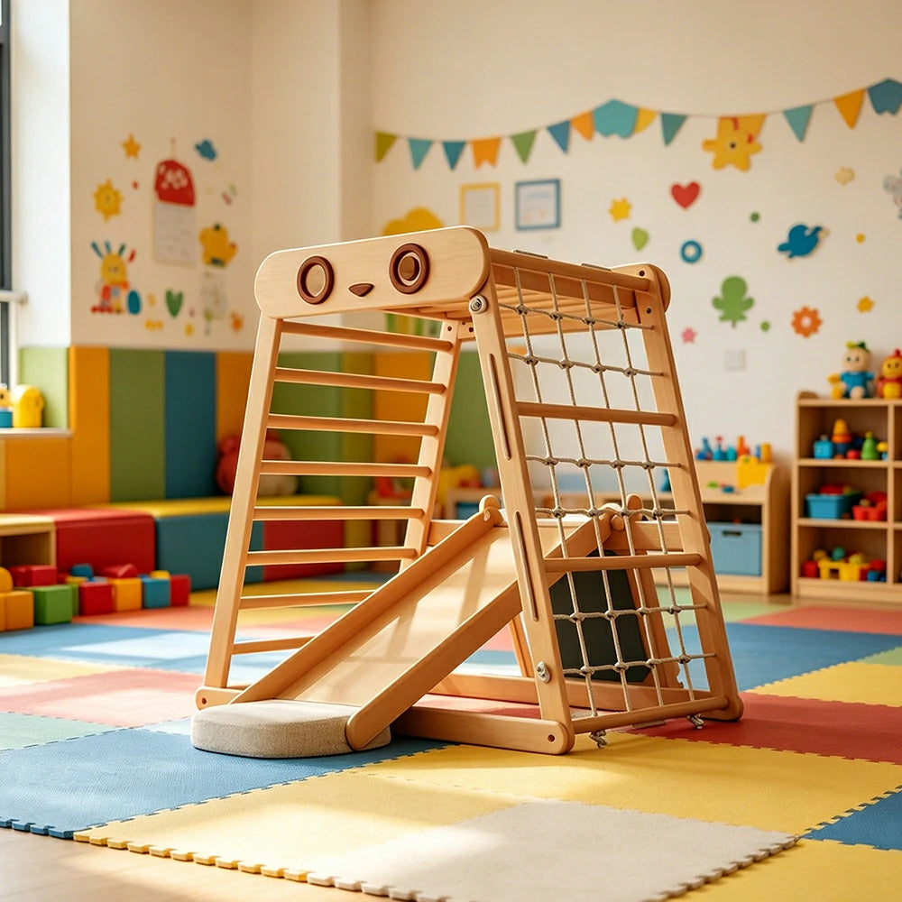 LUXORA Totoro Kids Climbing Frame with Rock Slide Swing Drawing Board and Cushion - Natural