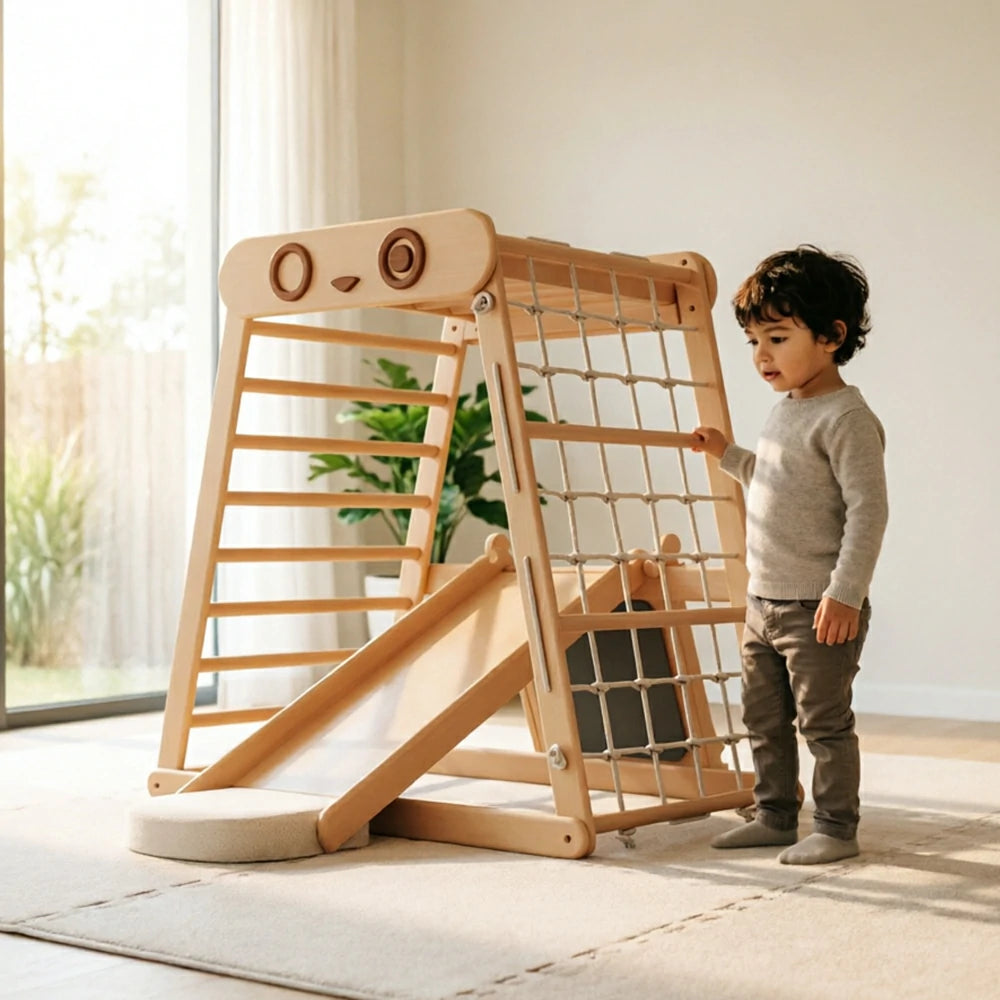 LUXORA Totoro Kids Climbing Frame with Rock Slide Swing Drawing Board and Cushion - Natural