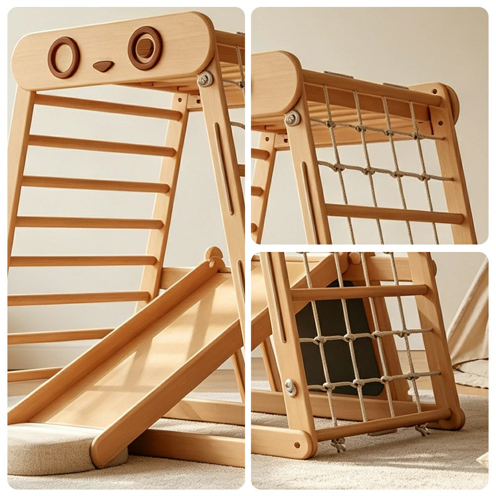 LUXORA Totoro Kids Climbing Frame with Rock Slide Swing Drawing Board and Cushion - Natural