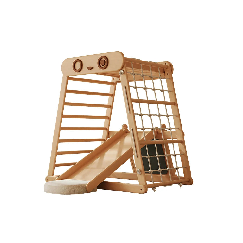 LUXORA Totoro Kids Climbing Frame with Rock Slide Swing Drawing Board and Cushion - Natural