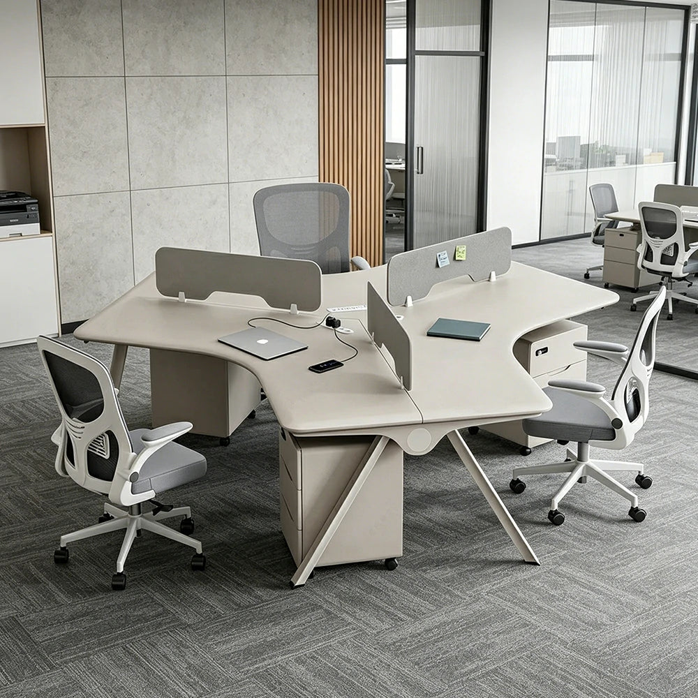 LUXORA 3 Person Office Desk Set Modern Lacquer Workstation with Storage Cabinets & Chairs - Cream