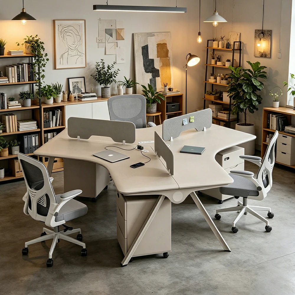 LUXORA 3 Person Office Desk Set Modern Lacquer Workstation with Storage Cabinets & Chairs - Cream