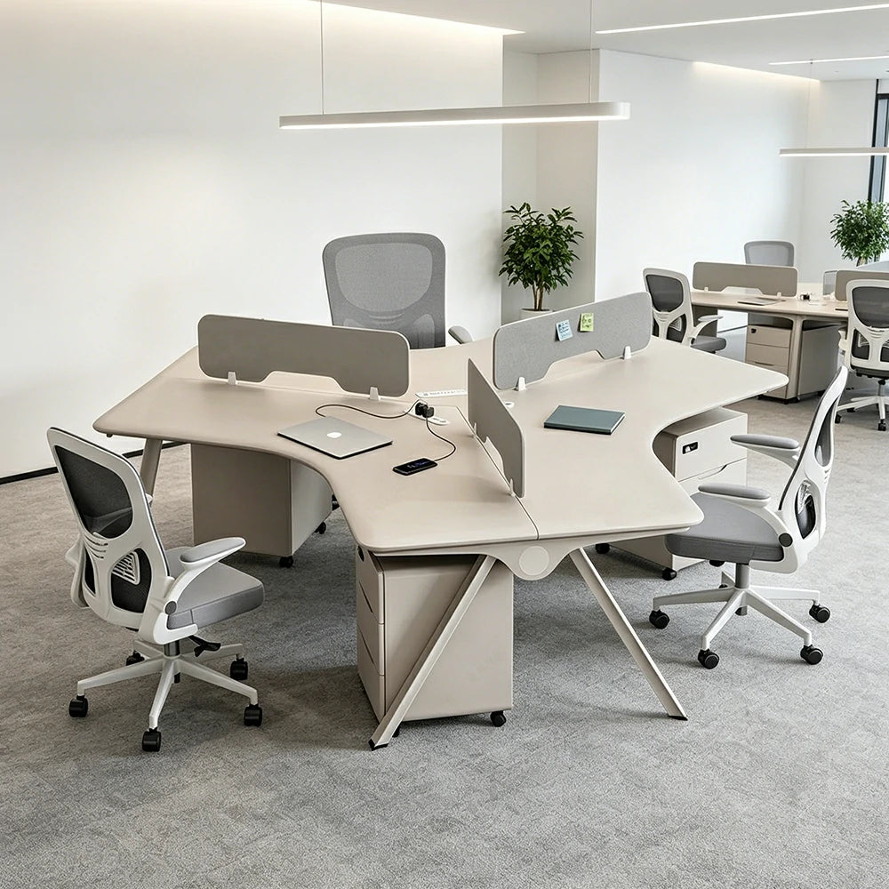 LUXORA 3 Person Office Desk Set Modern Lacquer Workstation with Storage Cabinets & Chairs - Cream