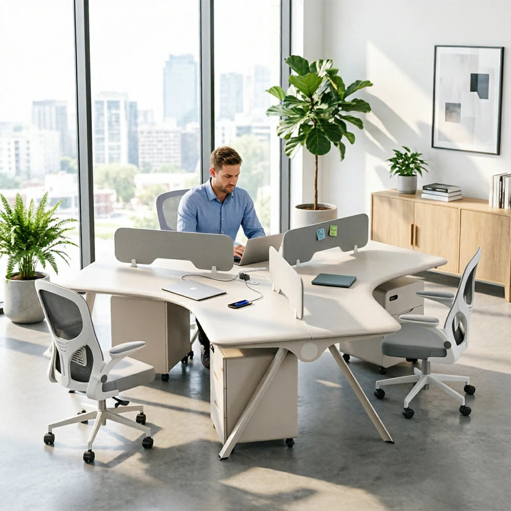 LUXORA 3 Person Office Desk Set Modern Lacquer Workstation with Storage Cabinets & Chairs - Cream