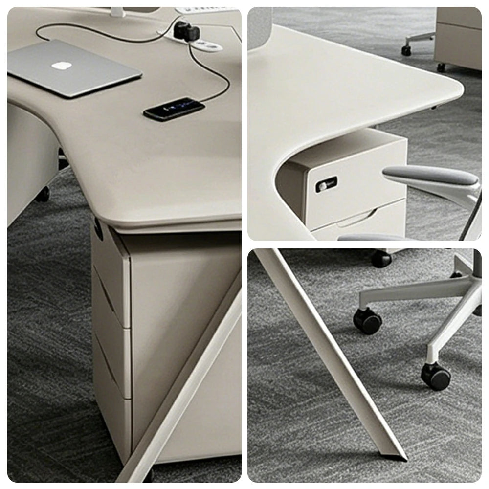 LUXORA 3 Person Office Desk Set Modern Lacquer Workstation with Storage Cabinets & Chairs - Cream
